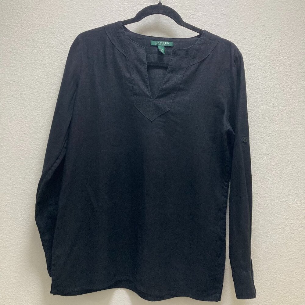 RALPH LAUREN black tunic top blouse 100% linen V neck classic monochrome size S